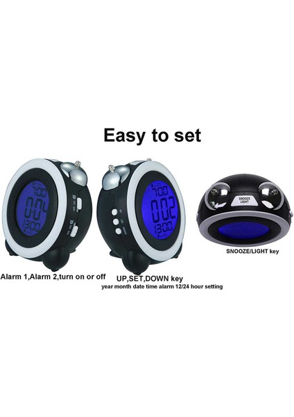 4 Inç Twin Bell Alarm Loud LED Dijital Çalar Saat Saat Tarih Siyah (Yurt Dışından)