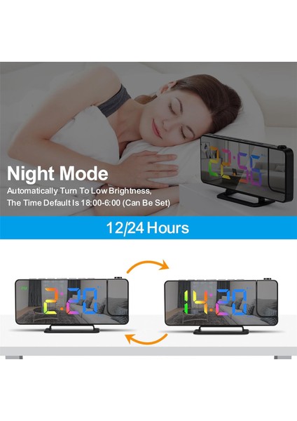 Yatak Odaları Için Çalar Saat, 7,3 Inç LED Aynalı Dijital Çalar Saat, Siyah (Yurt Dışından)