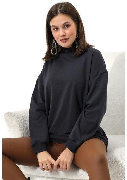 Yarım Balıkçı Yaka Uzun Sweatshirt 19556 Füme