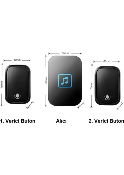 2 Buton 1 Alıcı Pil Gerektirmeyen Kablosuz LED Kapı Zili