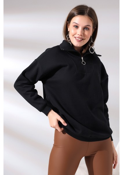 Kamyoncu Yaka Şardonlu Oversize Sweatshirt 21389 Siyah