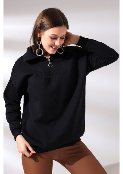Kamyoncu Yaka Şardonlu Oversize Sweatshirt 21389 Siyah