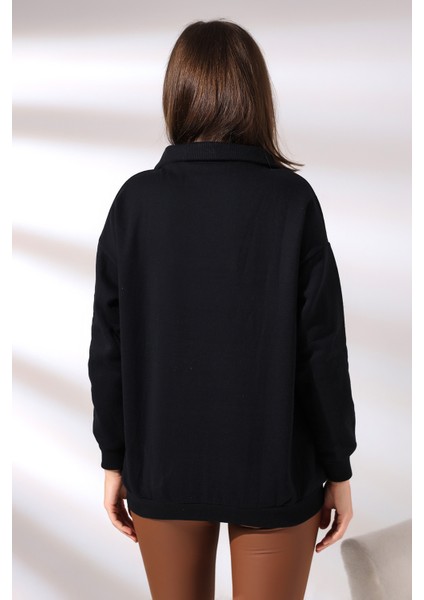Kamyoncu Yaka Şardonlu Oversize Sweatshirt 21389 Siyah