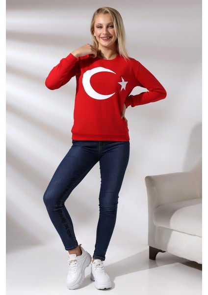 Türk Bayrak Baskılı Sweatshirt 19158 Kırmızı