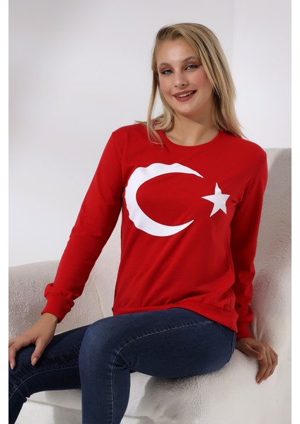 Türk Bayrak Baskılı Sweatshirt 19158 Kırmızı modelleri