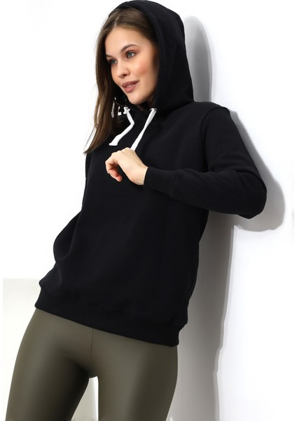 Şardonlu Kapüşonlu Sweatshirt 19491 Siyah
