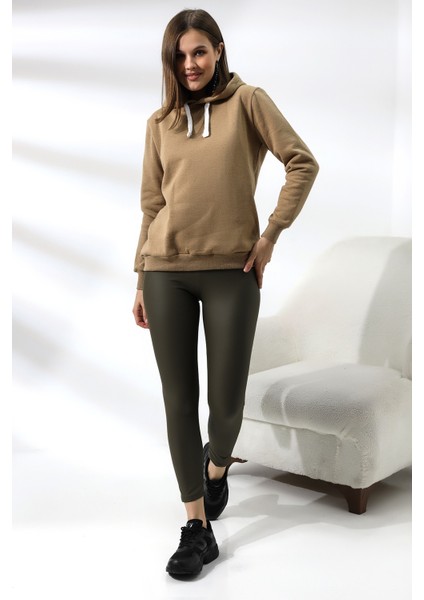 Şardonlu Kapüşonlu Sweatshirt 19491 Bej