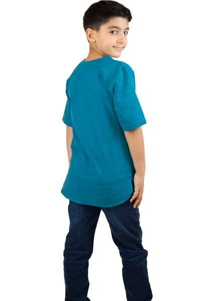 Kısa Kol Şile Bezi Bisiklet Yaka Erkek Çocuk T-Shirt Petrol