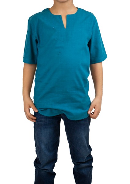Kısa Kol Şile Bezi Bisiklet Yaka Erkek Çocuk T-Shirt Petrol