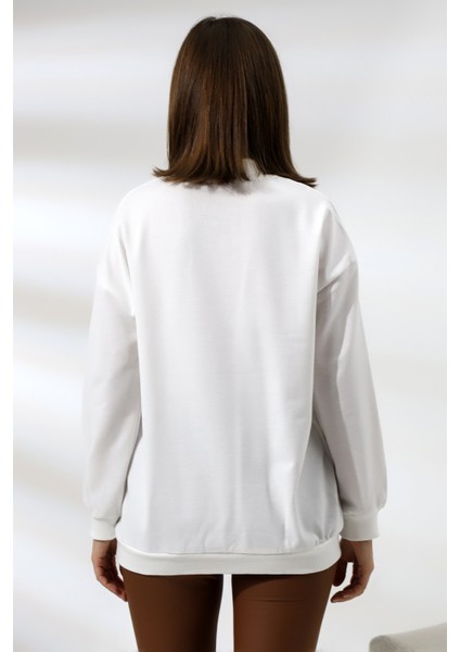 Yarım Balıkçı Yaka Uzun Sweatshirt 19556 Ekru
