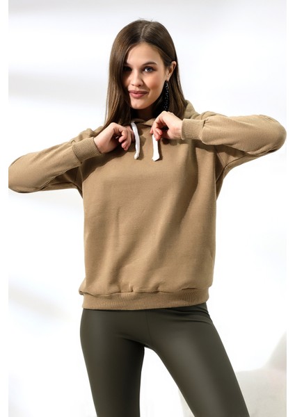 Şardonlu Kapüşonlu Sweatshirt 19491 Bej