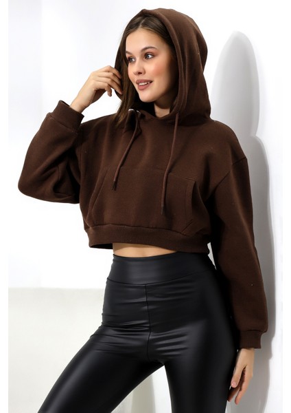 Şardonlu Kapüşonlu Sweatshirt 21391 Kahve