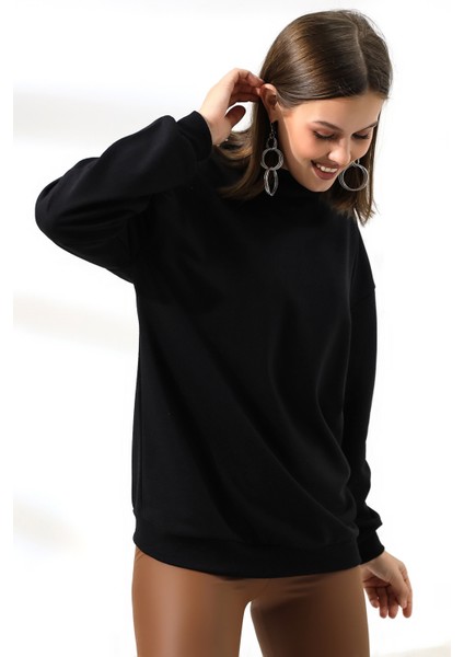 Yarım Balıkçı Yaka Uzun Sweatshirt 19556 Siyah