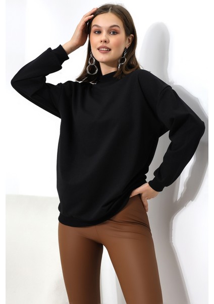 Yarım Balıkçı Yaka Uzun Sweatshirt 19556 Siyah