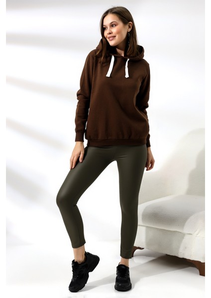 Şardonlu Kapüşonlu Sweatshirt 19491 Kahve