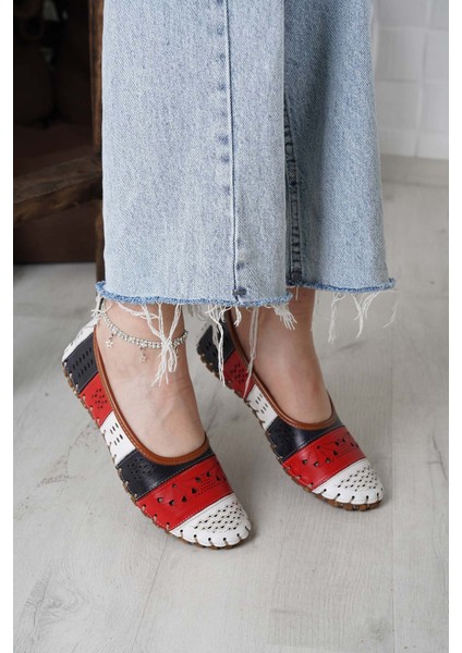 Hakiki Deri Beyaz-Kırmızı-Laci Kadın Comfort Ayakkabı 231220111