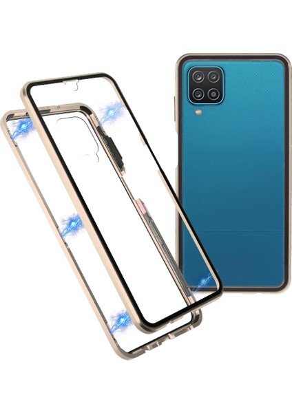 Samsung Galaxy A12-ALTIN Için Çift Taraflı Temperli Cam Telefon Kasası ile Manyetik Kilit Montaj Metal Çerçeve (Yurt Dışından)