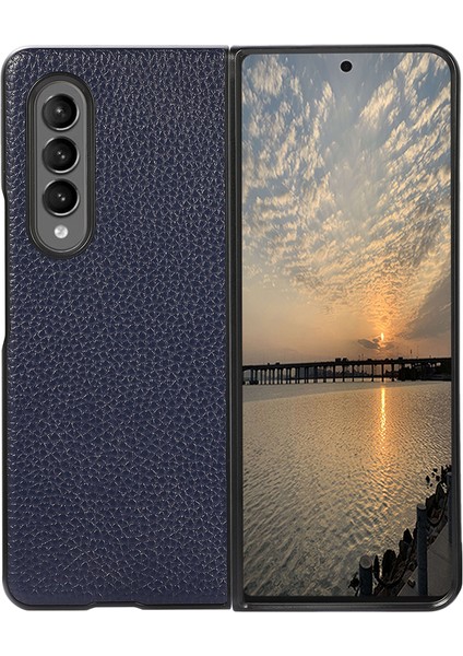 Litchi Doku Samsung Galaxy Z Fold3 5g-Blue Için Orijinal Deri Kaplamalı Pc Telefon Kılıfı (Yurt Dışından)