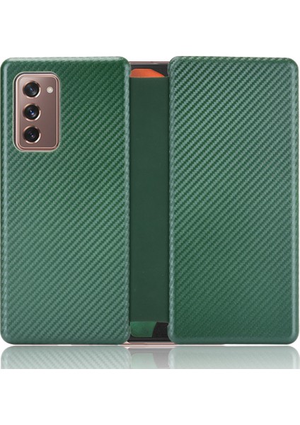 Samsung Galaxy Z Fold2 Için 5g Şok Geçirmez Telefon Kasası Otomatik Emici Deri Karbon Fiber Flip Kapak Kart Yuvası-Yeşil ile Kapak (Yurt Dışından)