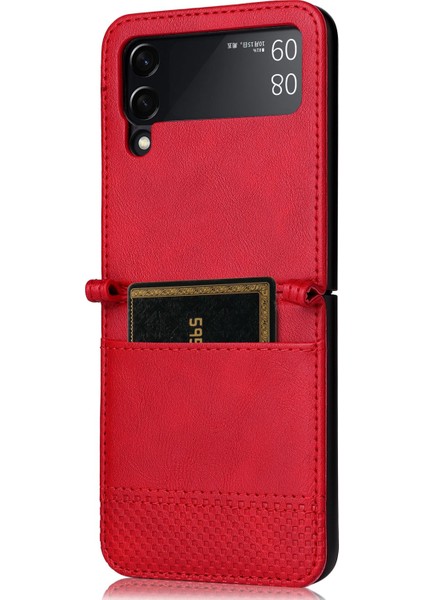 Samsung Galaxy Z Flip4 Için 5g Anti-Fall Anti-Fall Telefon Kapağı Vintage Doku Tek Parçalı Tasarım Pu Deri Kaplamalı Pc Telefon Kılıfı Kart Yuvası Kırmızısı (Yurt Dışından)