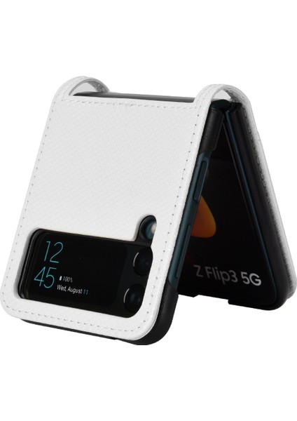 Samsung Galaxy Z Flip3 Için 5g Elmas Doku Pu Pu Deri Kapak Kart Tutucu Katlanır Telefon Kılıfı-Beyaz (Yurt Dışından)