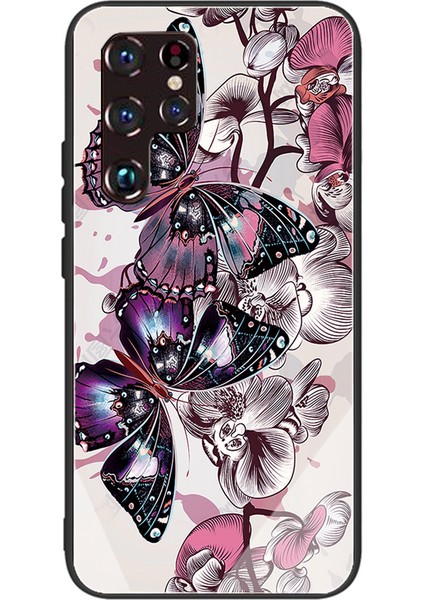 Desen Baskı Düzgün Hissettiren Çizik Anti-Çizik Cam+Tpu Telefon Kabuğu Kapağı Samsung Galaxy S22 Ultra 5g-Cartoon Kelebekleri (Yurt Dışından)