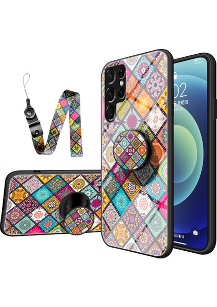 Samsung Galaxy S22 Ultra 5g-Checked Desen Için Damla Dayanıklı Iyi Korumalı Temperli Cam+Pc+Tpu Kickstand Telefon Kapak Kılıfı (Yurt Dışından)