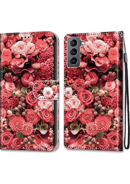 Renk Deseni Deri Kılıf Cüzdan Tasarım+Samsung Galaxy S22 5G-A18 Gül Bahçesi (Yurt Dışından)