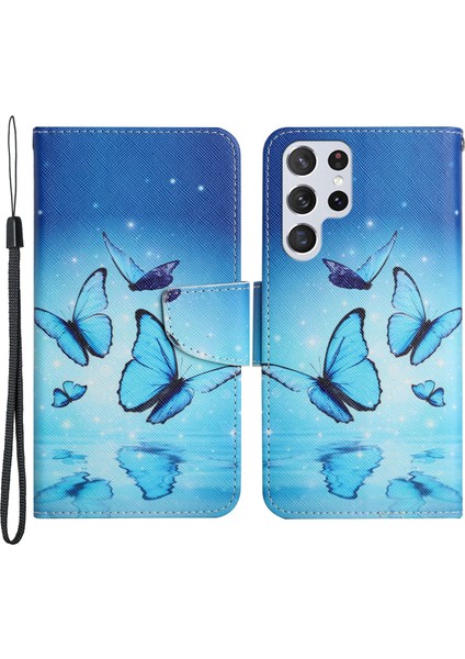 Desen Baskı Çapraz Doku Deri Kılıf Stand Samsung Galaxy S22 Ultra 5g-Batak Kelebek (Yurt Dışından)