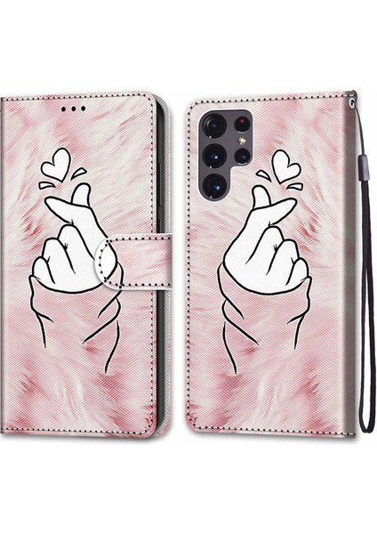 Desen Baskı Telefon Kılıfı Pu Deri+Tpu Telefon Kapağı Samsung Galaxy S22 Ultra 5G-B12 Kalp Için Stand Cüzdanı ve Bilek Kayışı (Yurt Dışından)