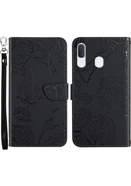 Samsung Galaxy A20E Için Cilt Düzenli Deri Telefon Stand Kapağı Kelebek Çiçek Deseni Baskılı Flip Cüzdan Kabuğu Bilek Kayış-Black (Yurt Dışından)