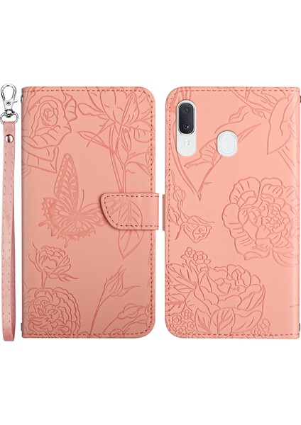 Samsung Galaxy A20E Için Cilt Düzenli Deri Telefon Stand Kapağı Kelebek Çiçek Deseni Baskılı Flip Cüzdan Kabuğu Bilek Strap-Pink ile (Yurt Dışından)