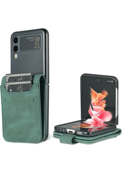 Pu Deri Kart Yuvaları Manyetik Toka Samsung Galaxy Z Flip3 Için Stand ile Anti-Fall Telefon Kapağı 3 5g-Green (Yurt Dışından)