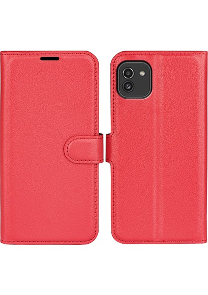 Samsung Galaxy A03 Için (164.2 x 75.9 x 9.1mm) Litchi Doku Yumuşak Iç Tpu Kasası+Pu Deri Kapak Cüzdan Stand-Red (Yurt Dışından)