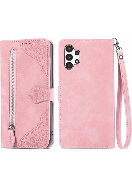 Samsung Galaxy A13 Için 4g Folio Flip Baskı Deri Telefon Kılıfı Zipper Cep Tasarım Cüzdan Koruyucu Stand Pink ile (Yurt Dışından)