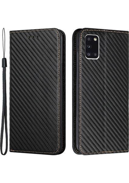 Karbon Fiber Dokusu Otomatik Emici Deri Telefon Standı Samsung Galaxy A31 4g-Black Için El Kayışı ile Cüzdan Kapağı (Yurt Dışından)