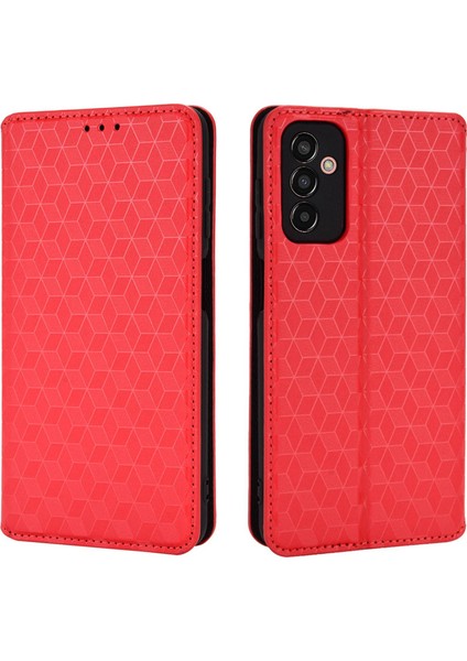 Samsung Galaxy M13 Için 4g Baskı Rhombus Desen Pu Deri Kapak Manyetik Otomatik Amasik Telefon Stand Stand Cellet Vaca Kırmızı (Yurt Dışından)