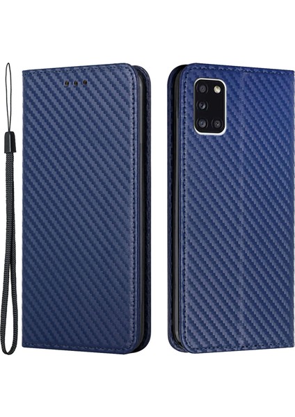 Karbon Fiber Dokusu Otomatik Emici Deri Telefon Standı Samsung Galaxy A31 4g-Mavi Için El Kayışı ile Cüzdan Kapağı (Yurt Dışından)