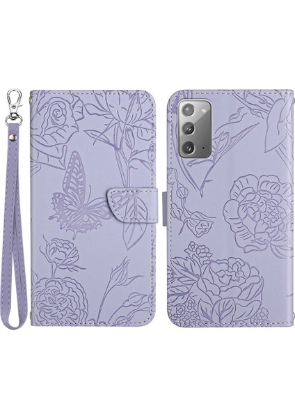 Samsung Galaxy NOTE20/NOTE20 Için 5g Kelebek Çiçeği Baskılı Cilt Touch Hissed Cüzdan Pu Deri Deri Manyetik Koruma Flip Stand Kapağı El Kayış Işığı Mor ile (Yurt Dışından)