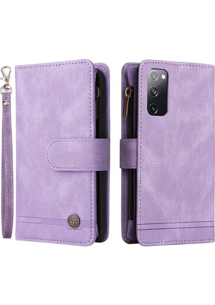 Tam Koruma Şeritleri Baskılı Cilt Touch Cüzdan Stand Deri Kapak Kart Yuvaları Samsung Galaxy S20 Fe 2022/S20 FE/S20 Fe 5G/S20 Lite-Purple Için Fermuar Cepi (Yurt Dışından)