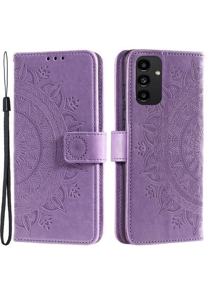 Samsung Galaxy A13 Için 4g Şok Geçirmez Cüzdan Tasarımı Baskılı Mandala Çiçek Pu Deri Deri Telefon Flip Cover Cover-Purple (Yurt Dışından)