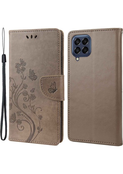 Samsung Galaxy M33 5g (Global Versiyon) Kelebek Çiçeği Baskılı Cüzdan Kılıfı, Pu Deri Katlanabilir Stand Flip Kapak El Strap-Grey (Yurt Dışından)