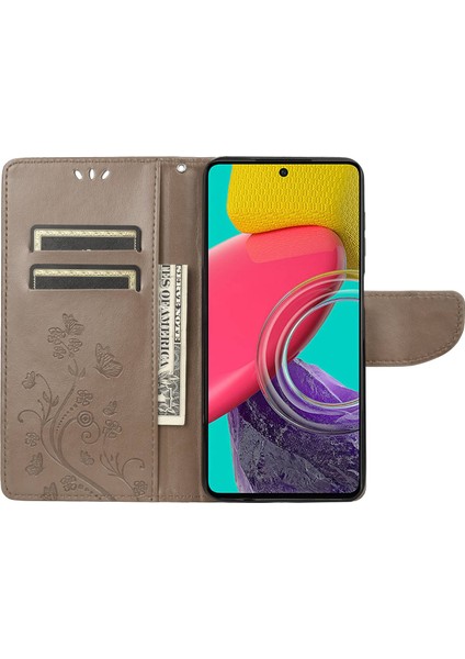 Samsung Galaxy M33 5g (Global Versiyon) Kelebek Çiçeği Baskılı Cüzdan Kılıfı, Pu Deri Katlanabilir Stand Flip Kapak El Strap-Grey (Yurt Dışından) fiyatları