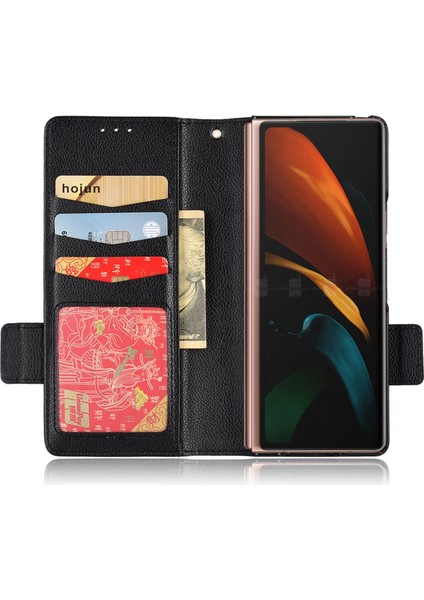 Samsung Galaxy Z Fold2 5g Litchi Doku Doku Şok Geçirmez Telefon Kılıfı Pu Deri Çift Manyetik Toka Kapağı Stand Cüzdan-Black (Yurt Dışından)