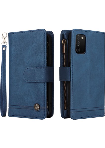 Fermuar Cep Çizgileri Baskılı Deri Kapak Cüzdan Standı Telefon Kasası Samsung Galaxy A03 (164.2 x 75.9 x 9.1mm) Için Birden Fazla Kart Yuvası ile -Blue (Yurt Dışından)