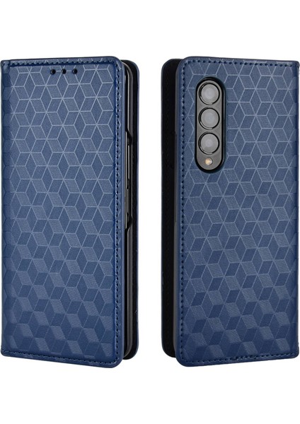 Samsung Galaxy Z Fold3 Için 5g Baskı Rhombus Desen Standı Stand Cüzdan Deri Kılıf Anti-Drop Telefon Kapak Mavisi (Yurt Dışından)