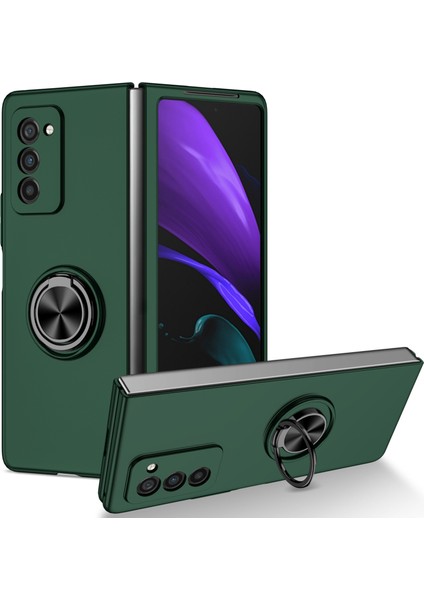 Samsung Galaxy Z Fold2 Için 5g Çizgi Anti-Çizgi Sert Pc Döner Metal Yüzük Kickstand Telefon Kılıfı Katlanır Şok Geçirmez Kapak-Blackish Green (Yurt Dışından)