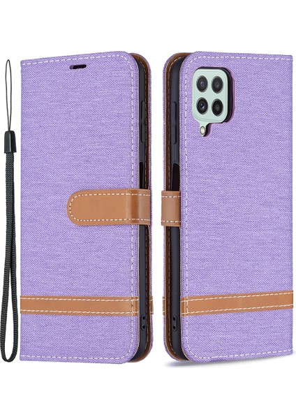 Renkli Kot Pantolon Manyetik Toka Anti-Damla Standı Cüzdan Deri Telefon Kasası Samsung Galaxy A22 4g (Ab Versiyonu) -Purple (Yurt Dışından)