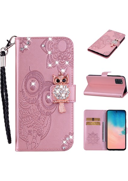 Baykuş Izi Rhinestone Dekor Deri Telefon Kapağı Samsung Galaxy A31-ROSE Altın (Yurt Dışından)