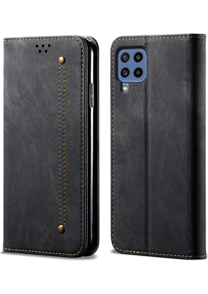 Samsung Galaxy M32 (Global Versiyon) Stand ile Kot Kumaş Doku Boş Zamanlı Deri Cüzdan Kılıfı -Black (Yurt Dışından)